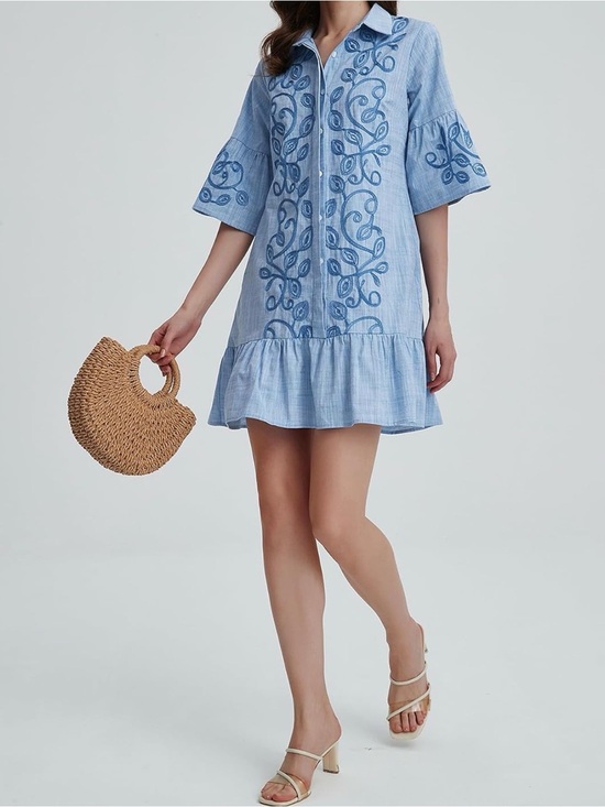 Dresses & Skirts - Light Blue Embroidered Shirt Dress NWT